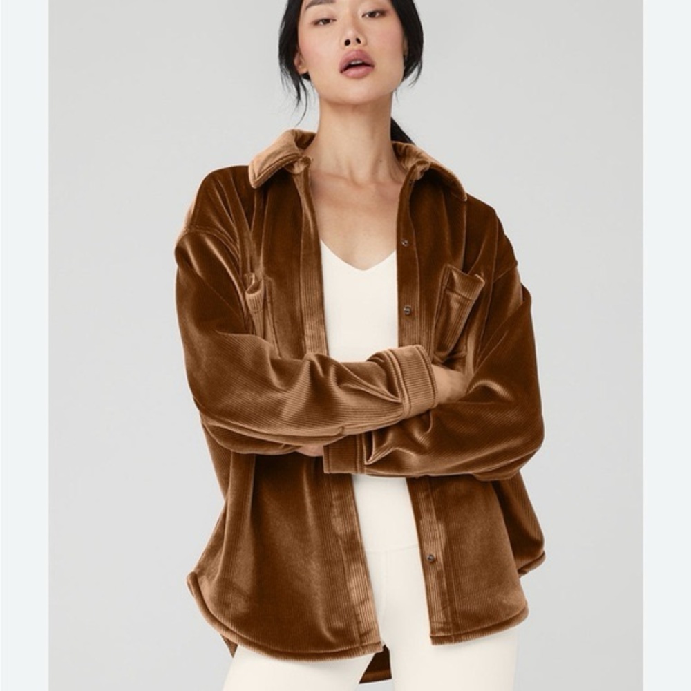 LIKE NEW ALO Ribbed Velour Mountain Side Shacket, Cinnamon Brown Soldout !!